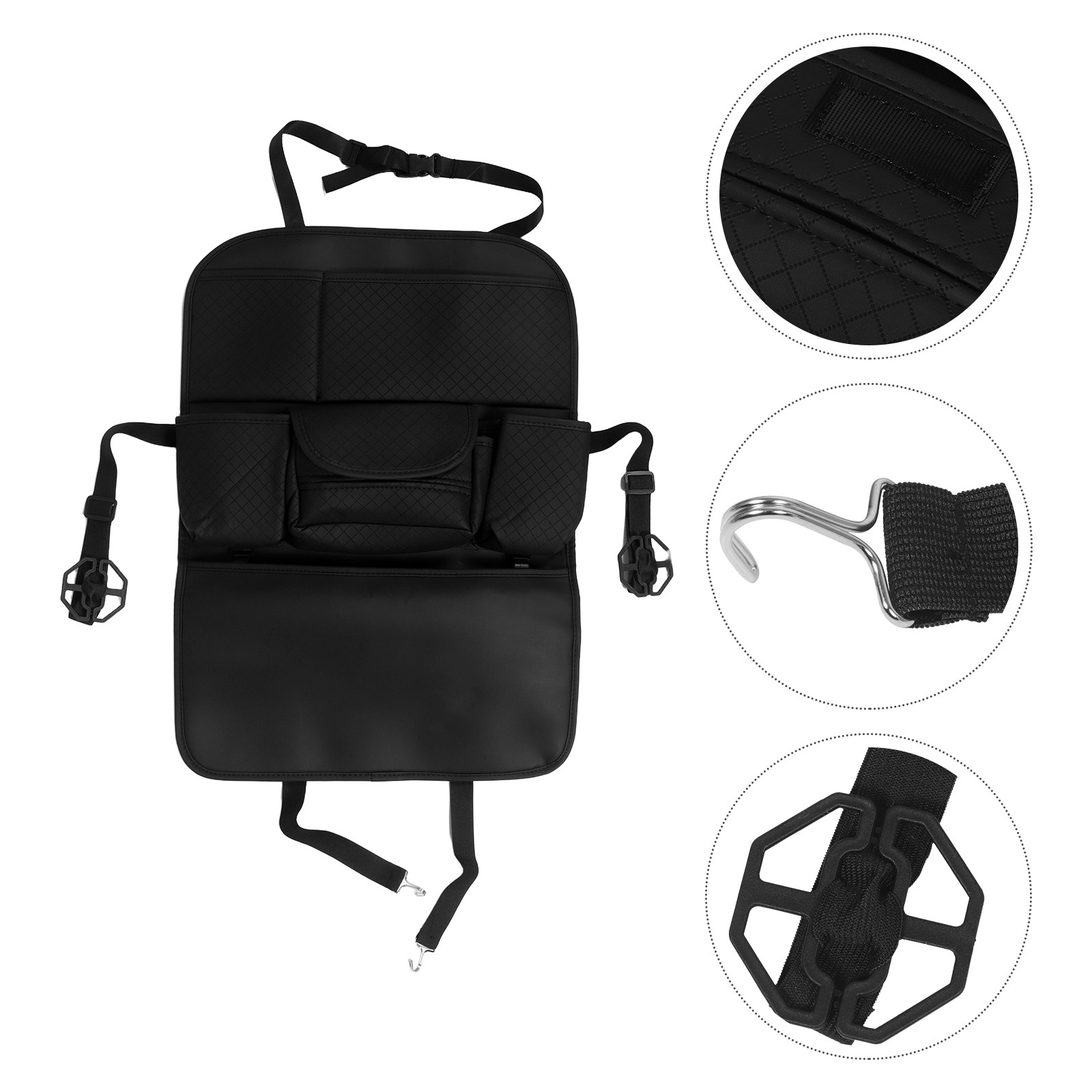 Car Seat Travel Bag - กระเป๋าจัดระเบียบเบาะหลังรถยนต์สีดำ แบบหลายช่อง พร้อมที่แขวนเก็บของ ที่ใส่กระดาษทิชชู่ ที่วางแก้ว ที่วางโทรศัพท์