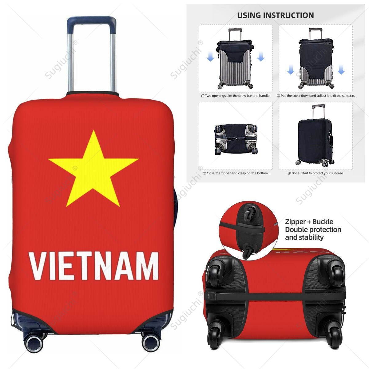 Travel Accessories Vietnam - ปลอกคลุมกระเป๋าเดินทางลายธงชาติเวียดนาม ปลอกคลุมกระเป๋าเดินทางแบบยืดหยุ่น อุปกรณ์เสริมสำหรับการเดินทาง ปลอกคลุมกระเป๋าเดินทางแบบพิมพ์ลาย ป้องกันกระเป๋าเดินทาง