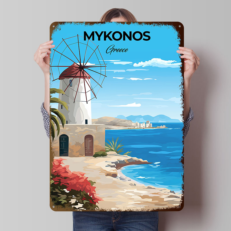 Travel Accessories Greece - โปสเตอร์ท่องเที่ยวไมโครโนส กรีซ ป้ายโลหะวินเทจแบบกำหนดเอง ศิลปะติดผนัง ป้ายดีบุกย้อนยุค สำหรับตกแต่งห้อง