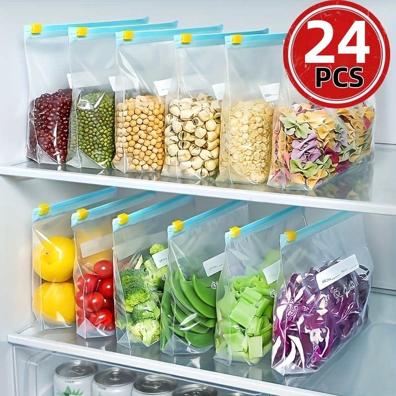 Reusable Zip Bag - ถุงเก็บอาหารแบบซิปล็อคใช้ซ้ำได้ 24 ชิ้น, ถุงแช่แข็งกันรั่วสำหรับผลไม้ เนื้อสัตว์ และผัก