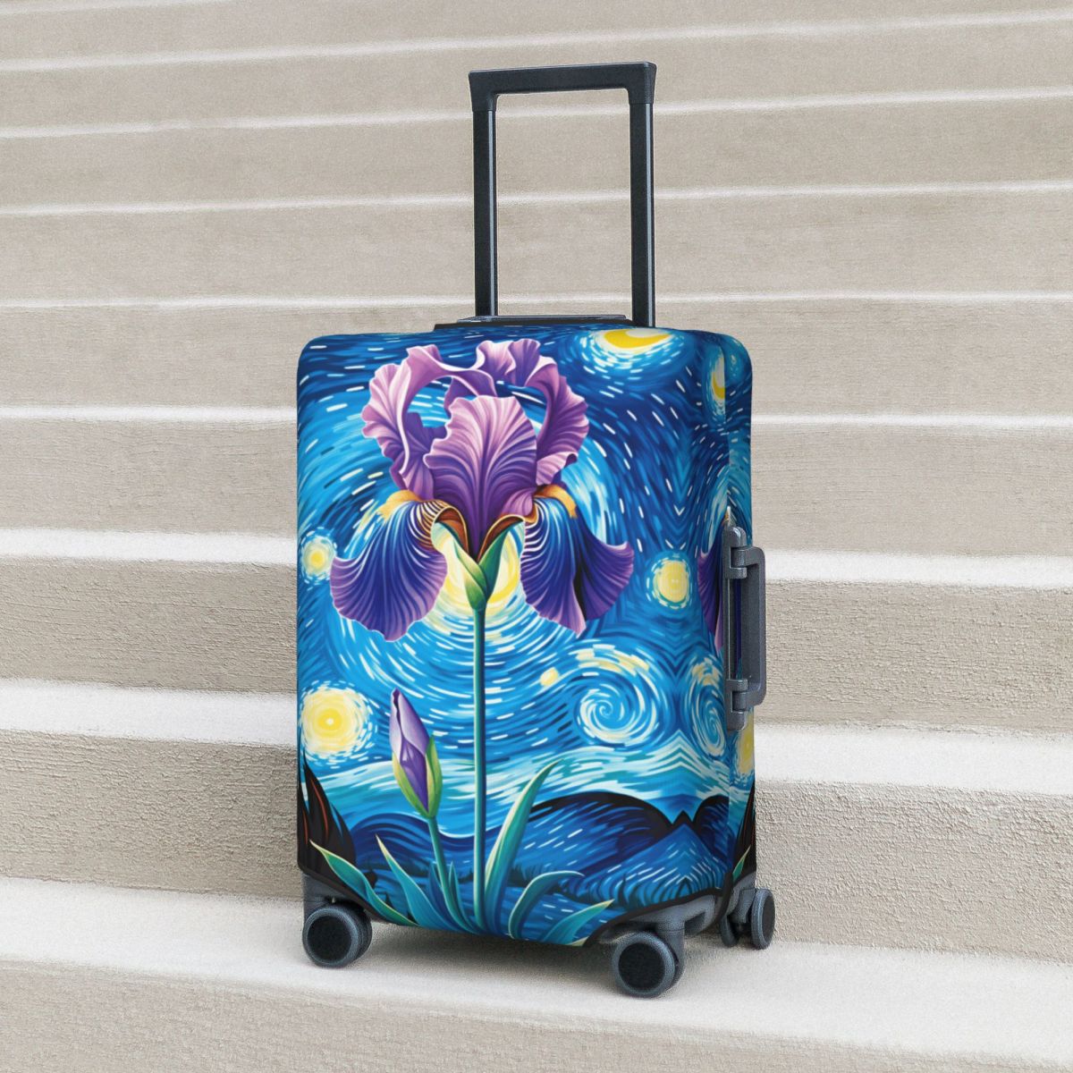 Travel Van Accessories - ลายดอกไอริสพร้อมพื้นหลังวานโก๊ะ สตาร์รี่ ไนท์ ปลอกคลุมกระเป๋าเดินทาง สำหรับวันหยุดและการเดินทาง ปลอกคลุมกระเป๋าเดินทางแบบยืดหยุ่นเพื่อป้องกัน