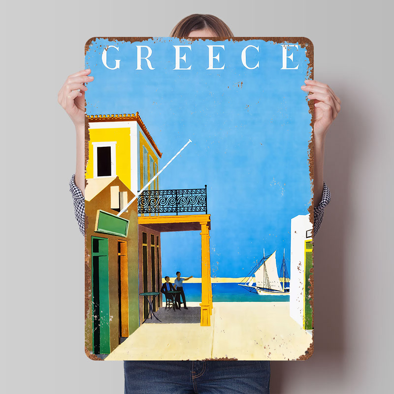 Travel Accessories Greece - โปสเตอร์โลหะลายกรีซสำหรับตกแต่งผนัง งานศิลปะย้อนยุคแบบวินเทจ ป้ายโลหะสำหรับตกแต่งห้องน้ำ ของตกแต่งห้อง อุปกรณ์ตกแต่งบ้าน