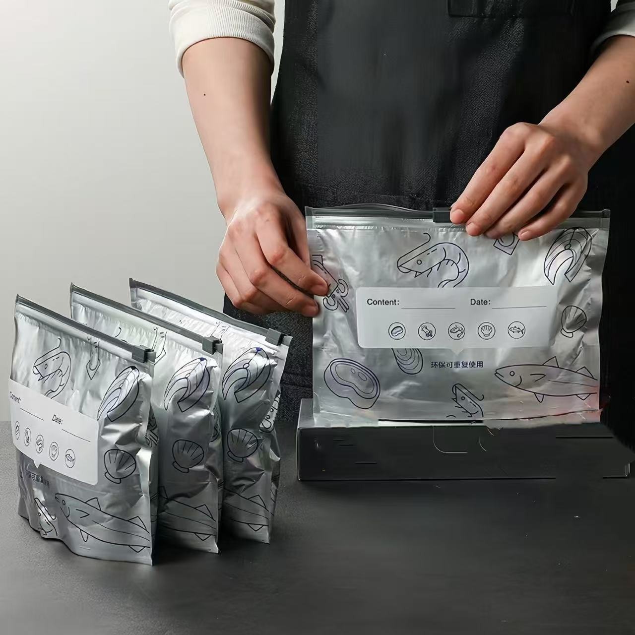 Reusable Zip Bag - ​ ถุงฟอยล์อะลูมิเนียมแบบใช้ซ้ำได้ ป้องกันการรั่วซึม แบบตั้งได้ มีซิปล็อค สำหรับอาหารทะเล