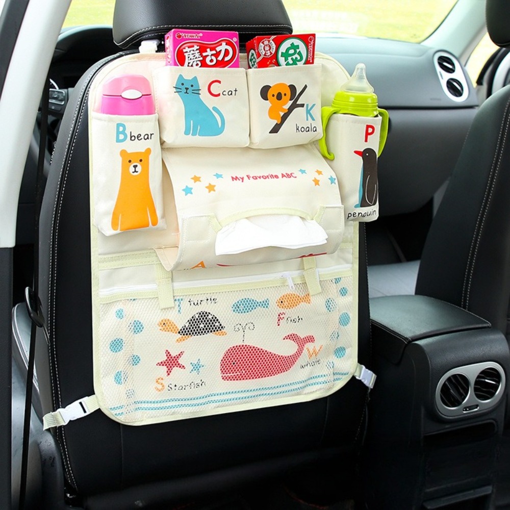 Car Seat Travel Bag - แผ่นรองจัดระเบียบเบาะหลังรถยนต์ลายการ์ตูน กระเป๋าเก็บของเบาะหลัง ที่ใส่กระดาษทิชชู่ สำหรับเด็ก ของใช้จำเป็นสำหรับการเดินทางบนท้องถนน