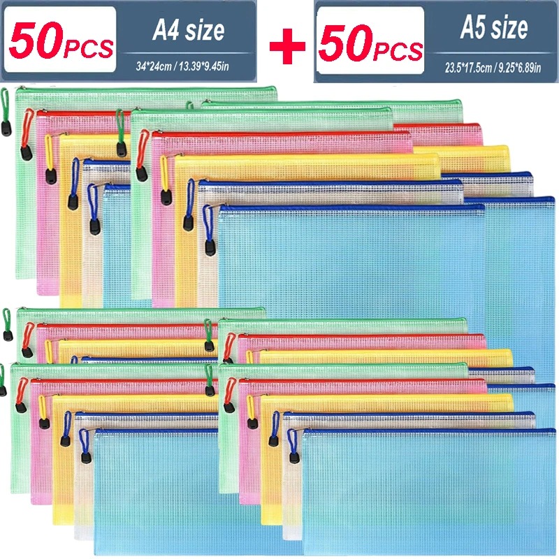 Reusable Zip Bag - 5/20/50/100PC กระเป๋าเก็บเครื่องเขียนโฟลเดอร์แฟ้มตาข่ายซิปกระเป๋า A4/A5/A6 ซิปแฟ้มโฟลเดอร์เอกสารออแกไนเซอร์อุปกรณ์สำนักงาน